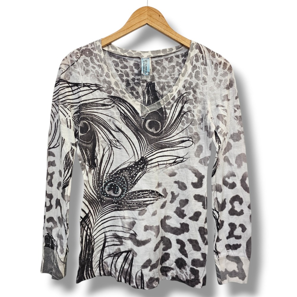 Vintage‎ Y2K M Fasis Top L White Gray Peacock Leopard Rhinestone